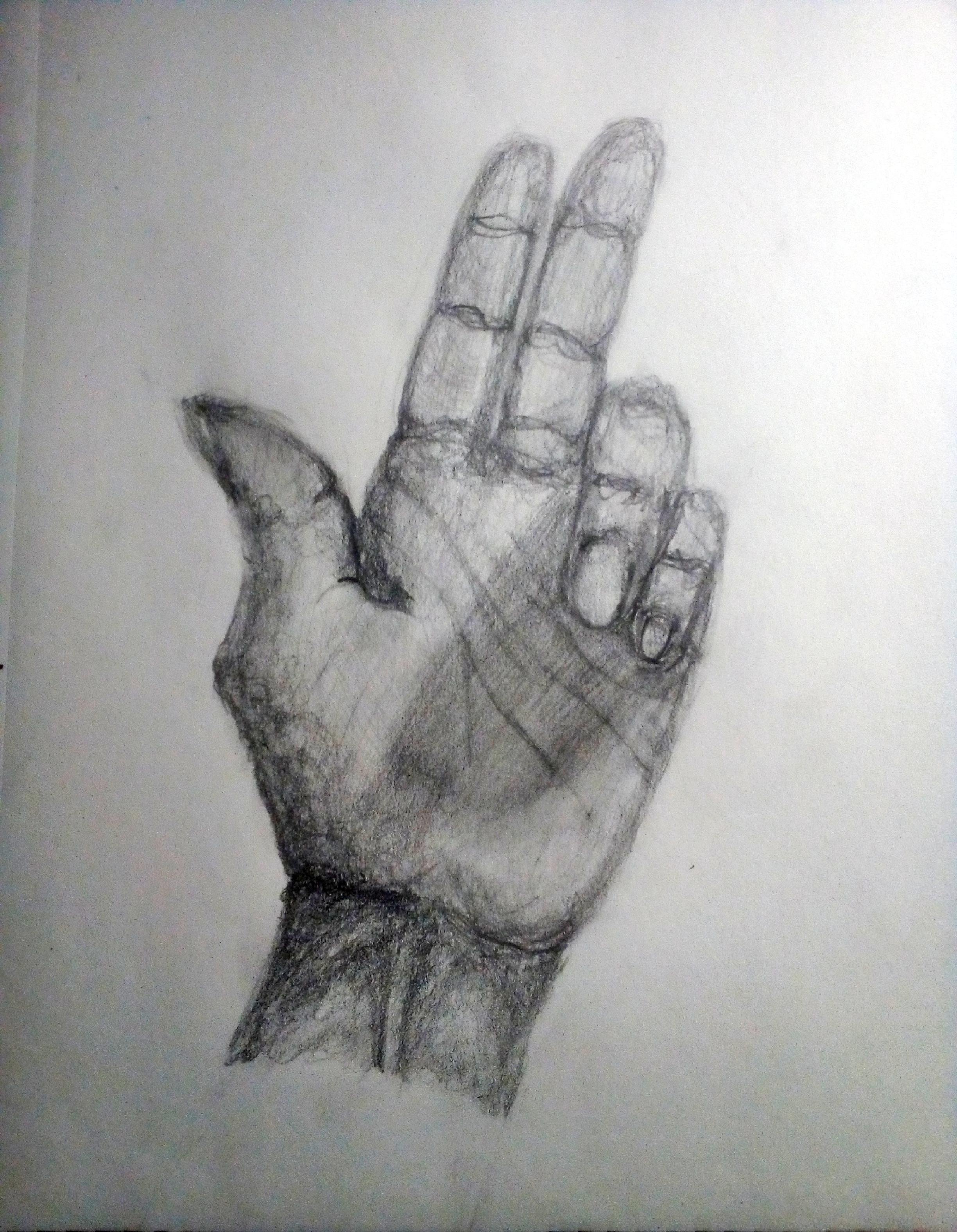 A hand with the last two fingers down and thumb pointing up drawn with graphite